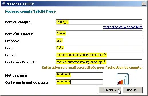 Boîte de dialogue Nouveau compte